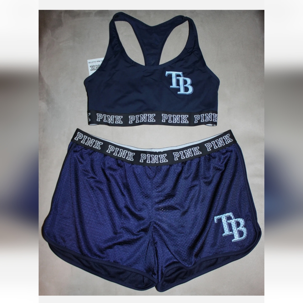TAMPA BAY RAYS Victoria's Secret Blue Shirt Sports Bra Top Mesh Gym Shorts Set